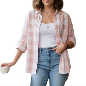 Roots Shirt Plaid Cabin Cotton Natural Fibers Womens M Soft Cottage Preppy Pink
